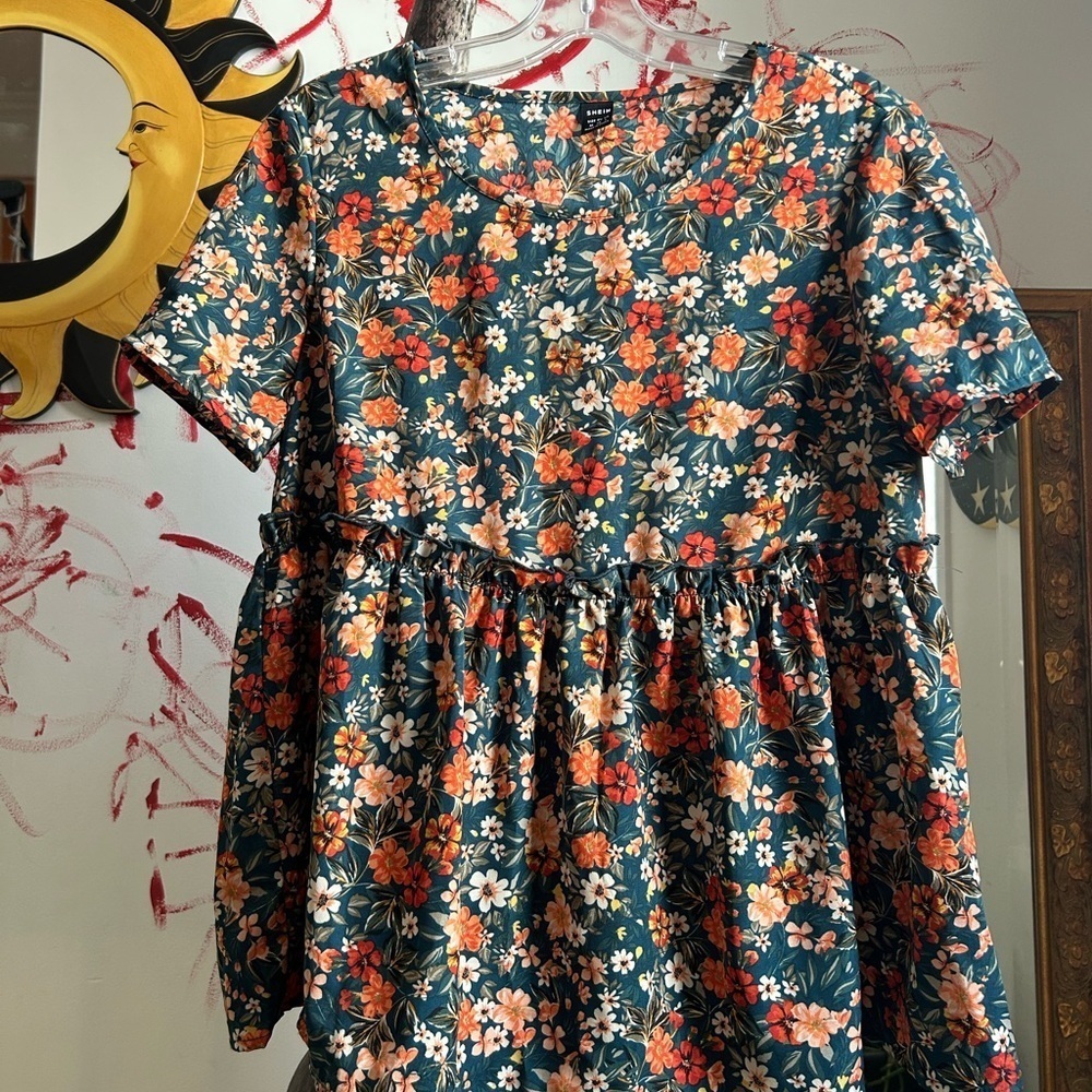 SHEIN Teal Coral Floral Babydoll Top Size M 6 Boho Layering Peplum Blouse
